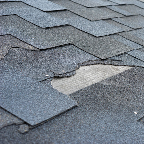 close-up view of damaged asphalt roof shingles