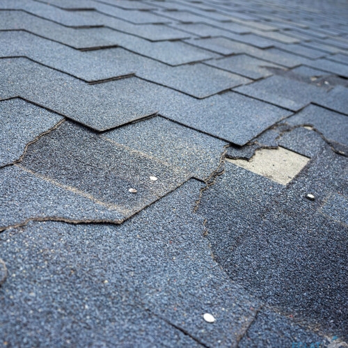 close-up of a damaged asphalt shingle roof