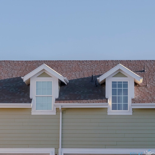 Panorama Two small dormer windows in the roof of an urban house flanked by leafy green trees