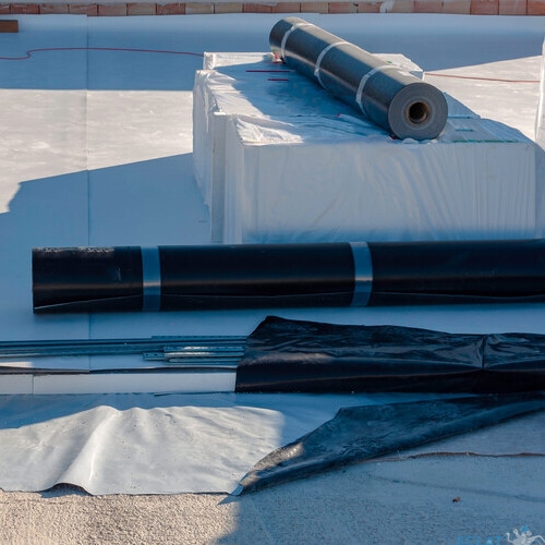 stratigraphy of the materials to waterproof a terrace in a new building with the following products: 4 mm PVC, polystyrene, non-woven fabric and 2 mm polyethylene