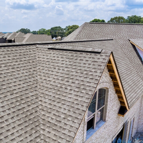 View new roofing on homes, surrounded by lush greenery under works area in suburban landscape.