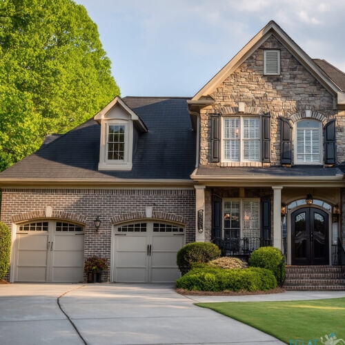 Elegant two-story house with brick and siding blend, large driveway, and dual garage doors