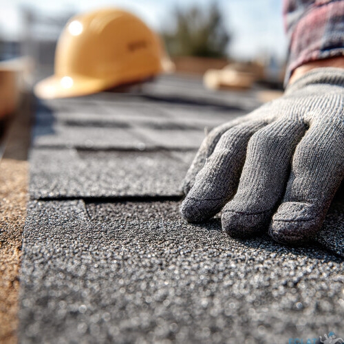 A worker's sturdy glove carefully aligns roofing materials atop a freshly constructed roof, with a safety helmet resting in the distance under bright daylight.