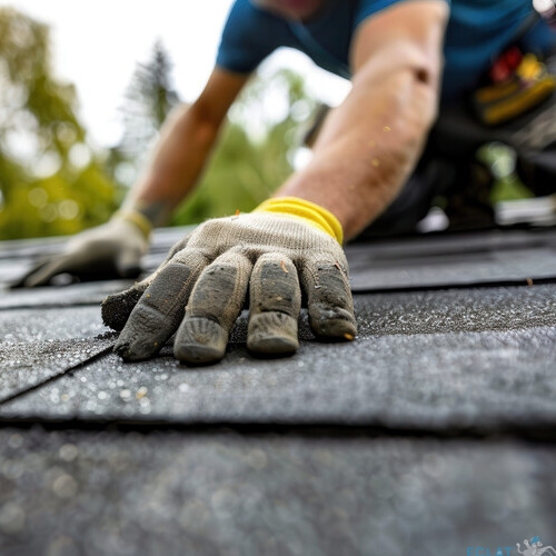 Roofing Installation: Gloved Hands Laying Asphalt Shingles on Residential Roof Under Clear Sky